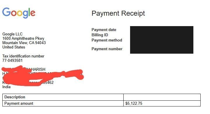 Google AdSense payment record for Harish, a student of Vegam Digital Academy