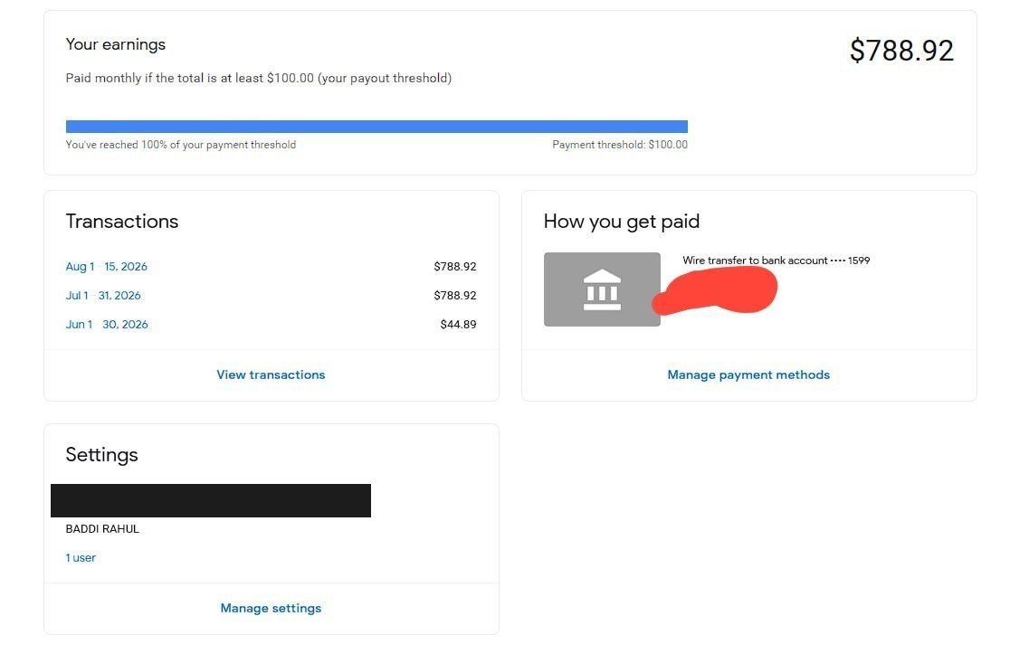 Google AdSense payment record for Baddi Rahul, a student of Vegam Digital Academy