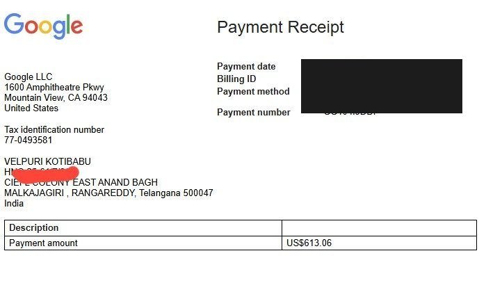 Google AdSense payment record for Velpuri Kotibabu, a student of Vegam Digital Academy