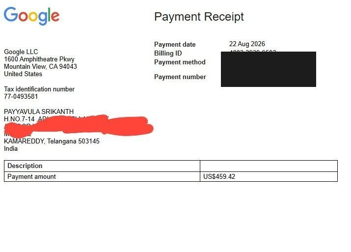 Google AdSense payment record for Payyavula Srikanth, a student of Vegam Digital Academy