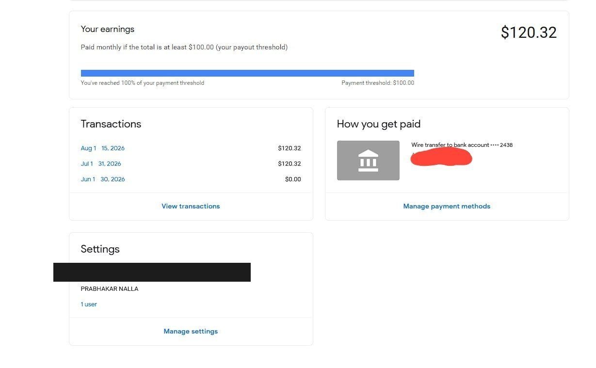 Google AdSense payment record for Prabhakar Nalla, a student of Vegam Digital Academy