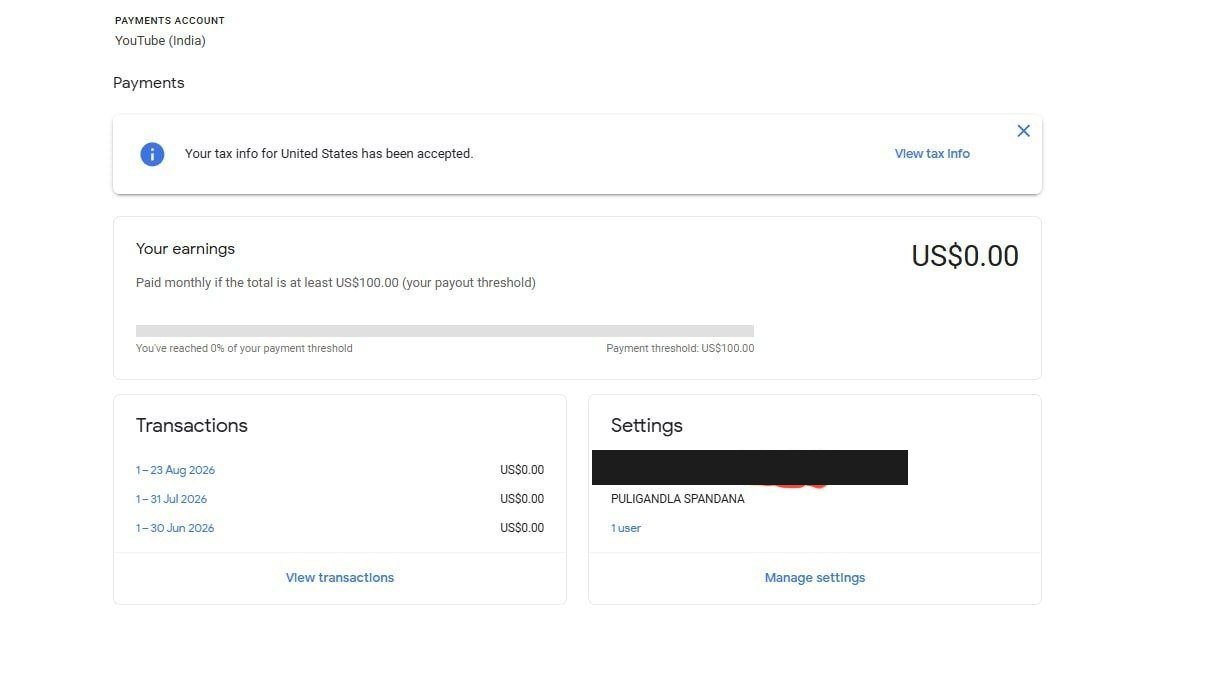 Google AdSense payment record for Puligandla Spandana, a student of Vegam Digital Academy