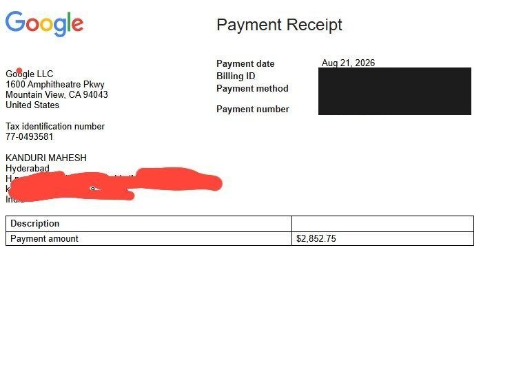 Google AdSense payment record for Kanduri Mahesh, a student of Vegam Digital Academy
