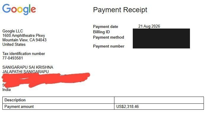 Google AdSense payment record for Sanigarapu Sai Krishna, a student of Vegam Digital Academy