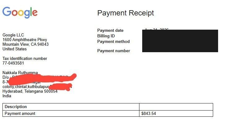 Google AdSense payment record for Nakkala Ruthumma, a student of Vegam Digital Academy